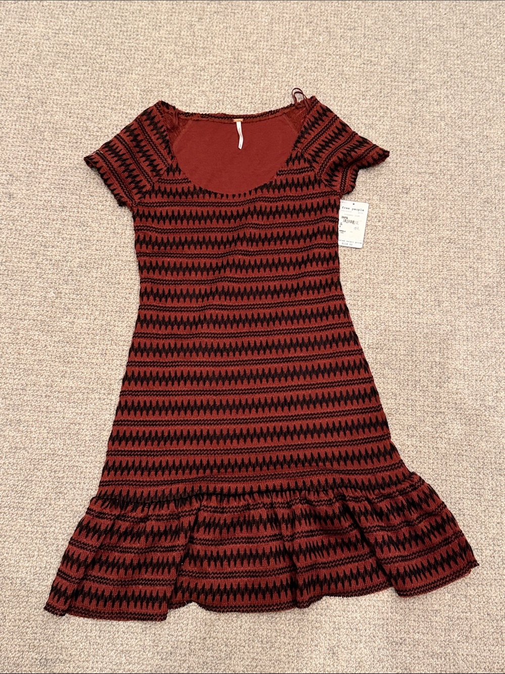Free People Women’s Knit Rust and Black Patterned Ruffle-Hem Dress